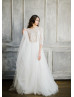 Elbow Sleeve Ivory Sequin Tulle Wedding Dress
